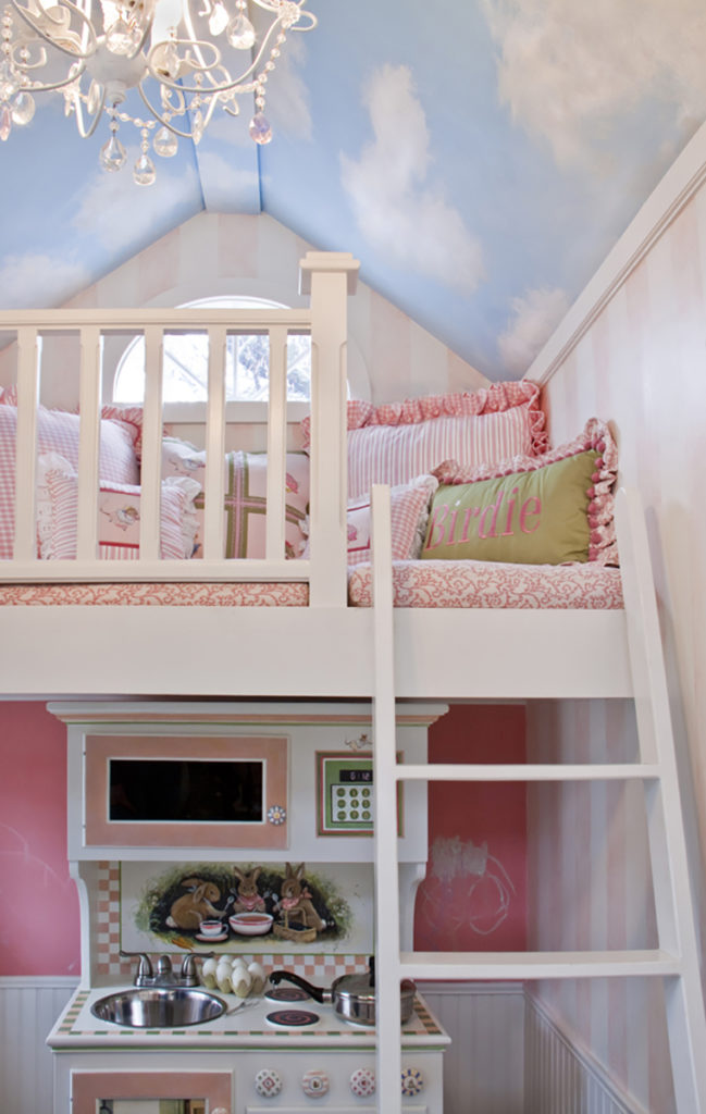 Loft in child's playhouse with faux sky ceiling