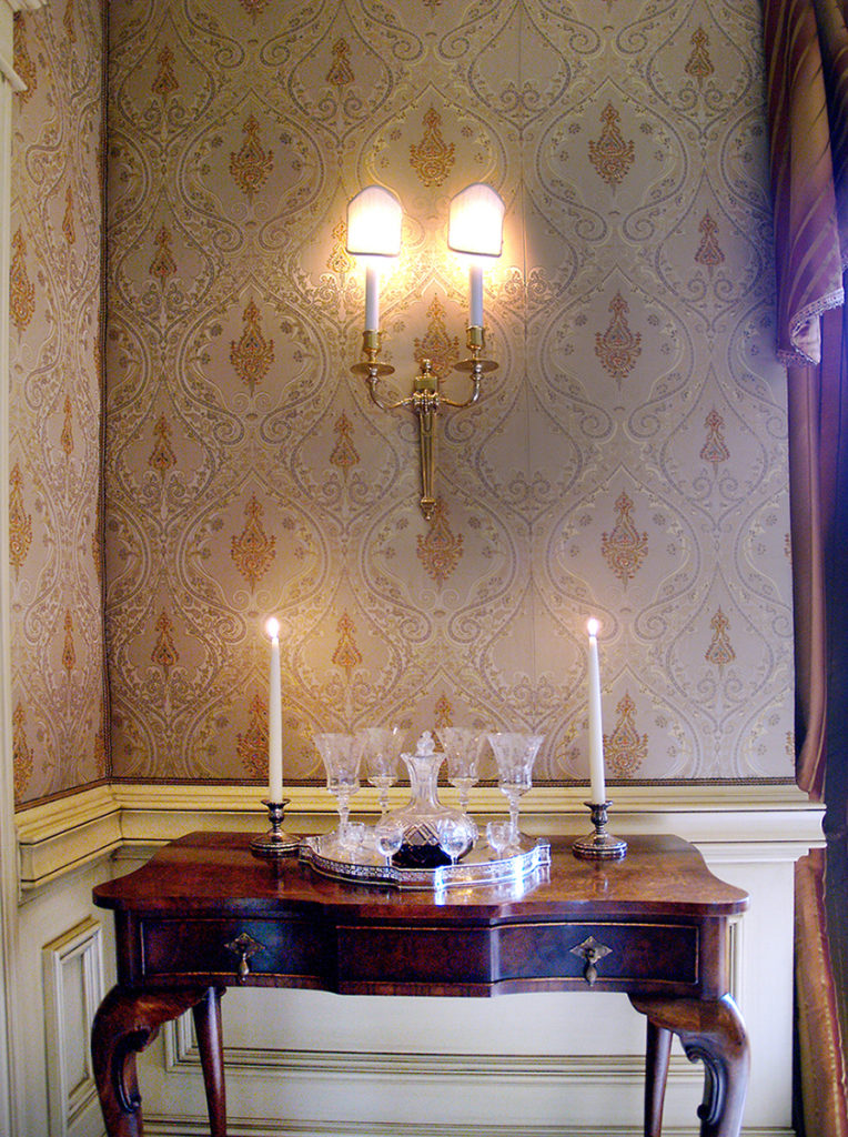 Dining room with silk upholstered walls